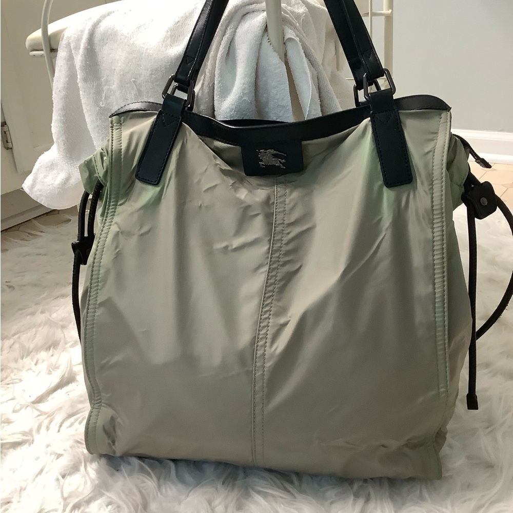Burberry Buckleigh Taupe Nylon Tote Black Leather Trim Plaid Lining